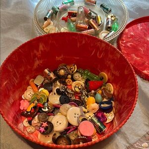 Vintage Hommer Sewing Box with Misc. Contents. Buttons, miniatures and jewelry.